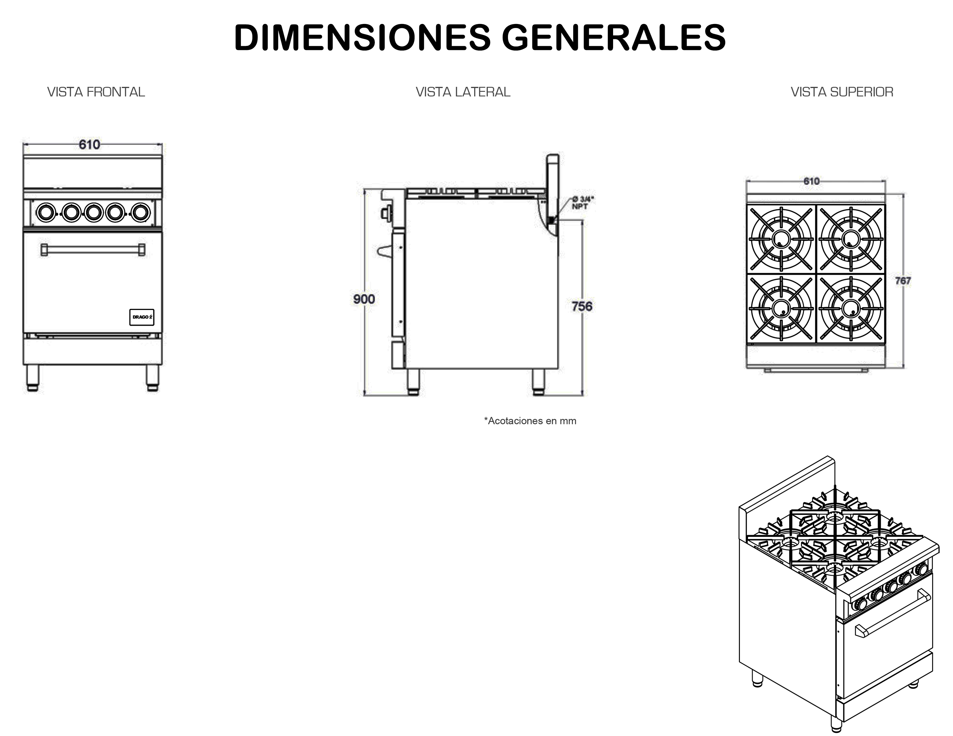 Estufa con 4 Quemadores y Horno CG-41 - Mobiliario Restaurantero